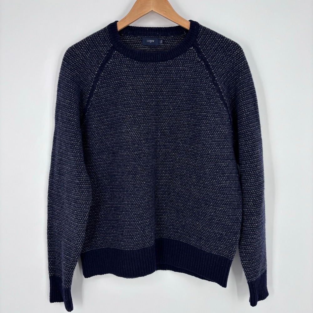 J Crew Lambswool Birdseye Crewneck Raglan Sweater Mens L Navy Blue Marl